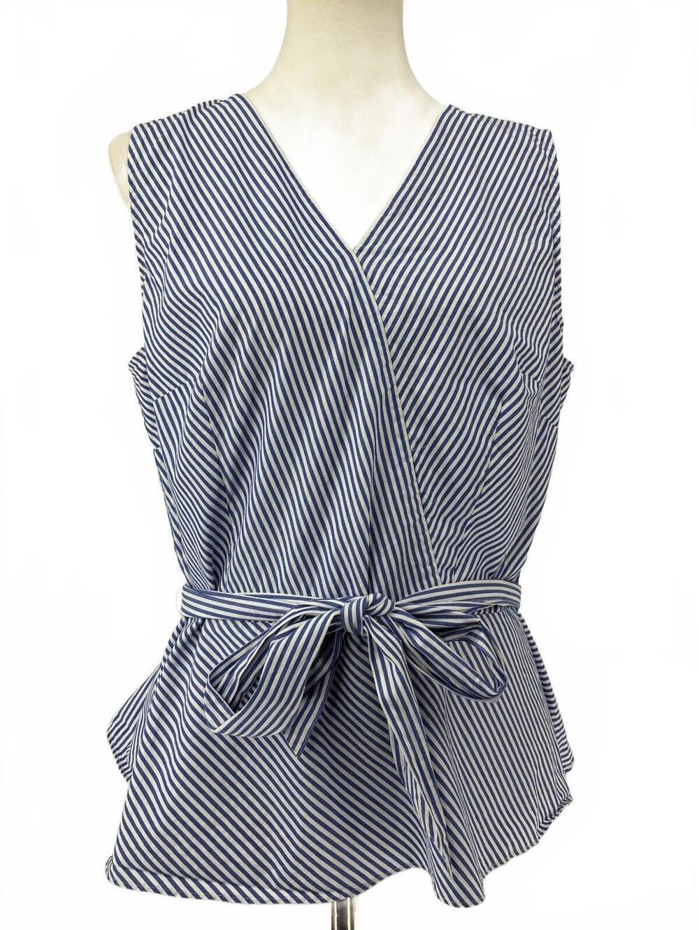 Talbots Blue and White Striped Sleeveless Faux Wrap Top with Waist Tie Sz 12